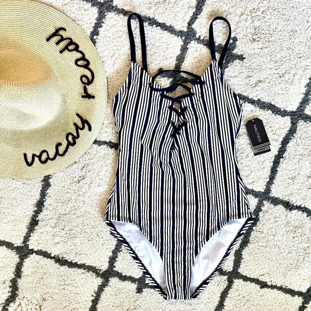 Nautica Dock Lines Lace Up One Piece Swimsuit Small